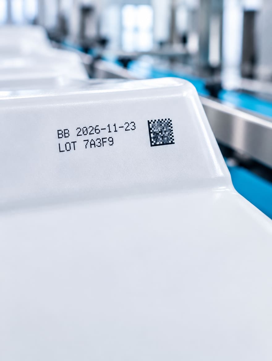 Detail vytlačeného dátumu, šarže a DataMatrix kódu