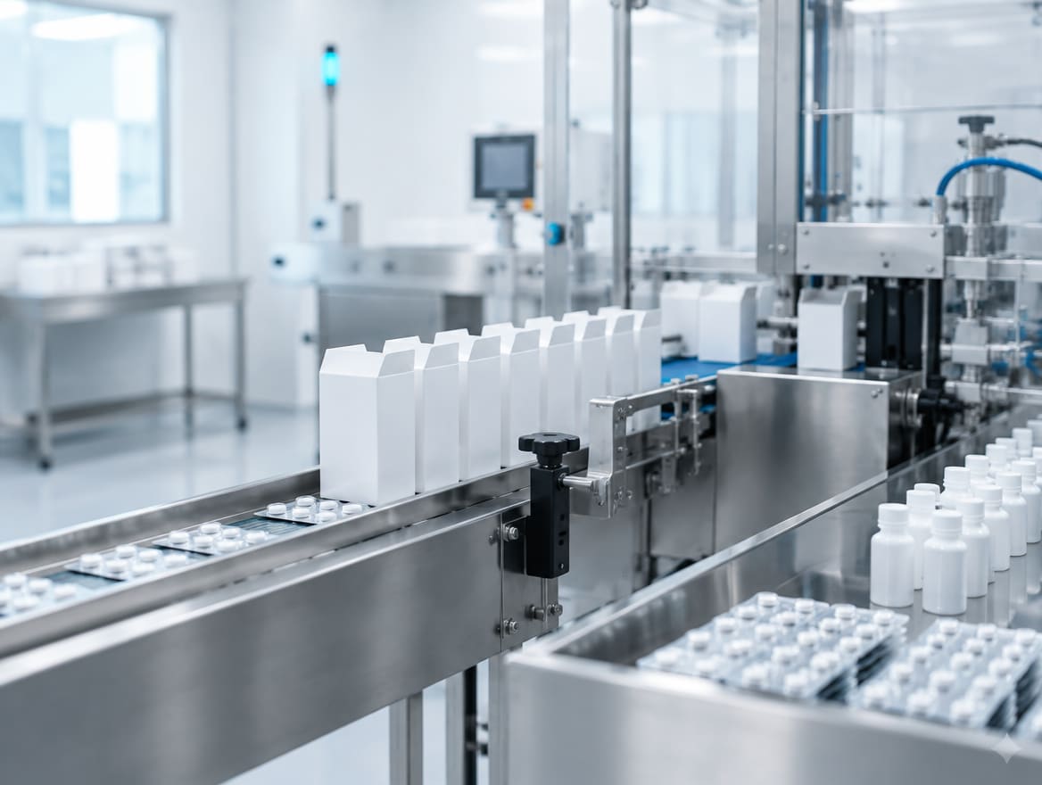 Farmaceutická baliaca linka so skladačkami a blistrami