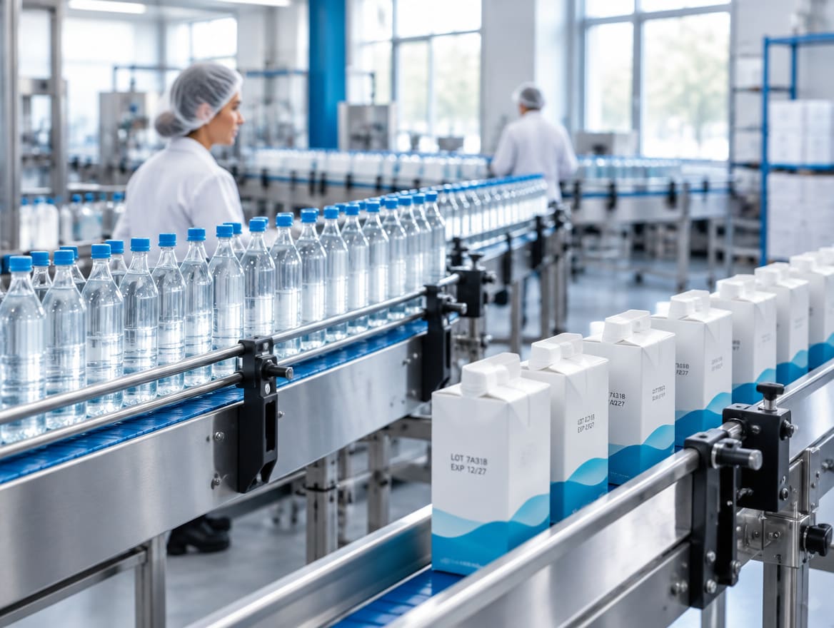 Moderná výrobná hala so značiacimi a etiketovacími zariadeniami na linkách