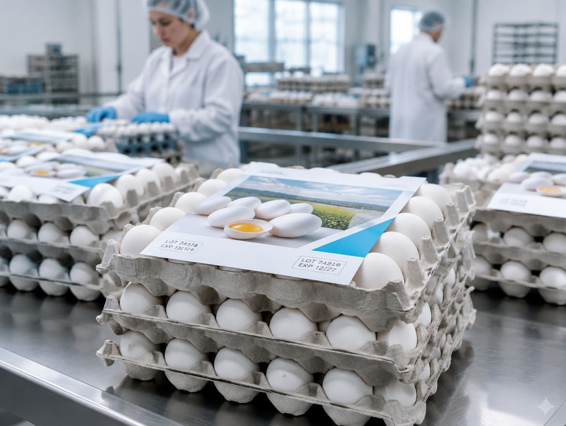 Tlač dátumu na leták pred vložením na plato s vajcami
