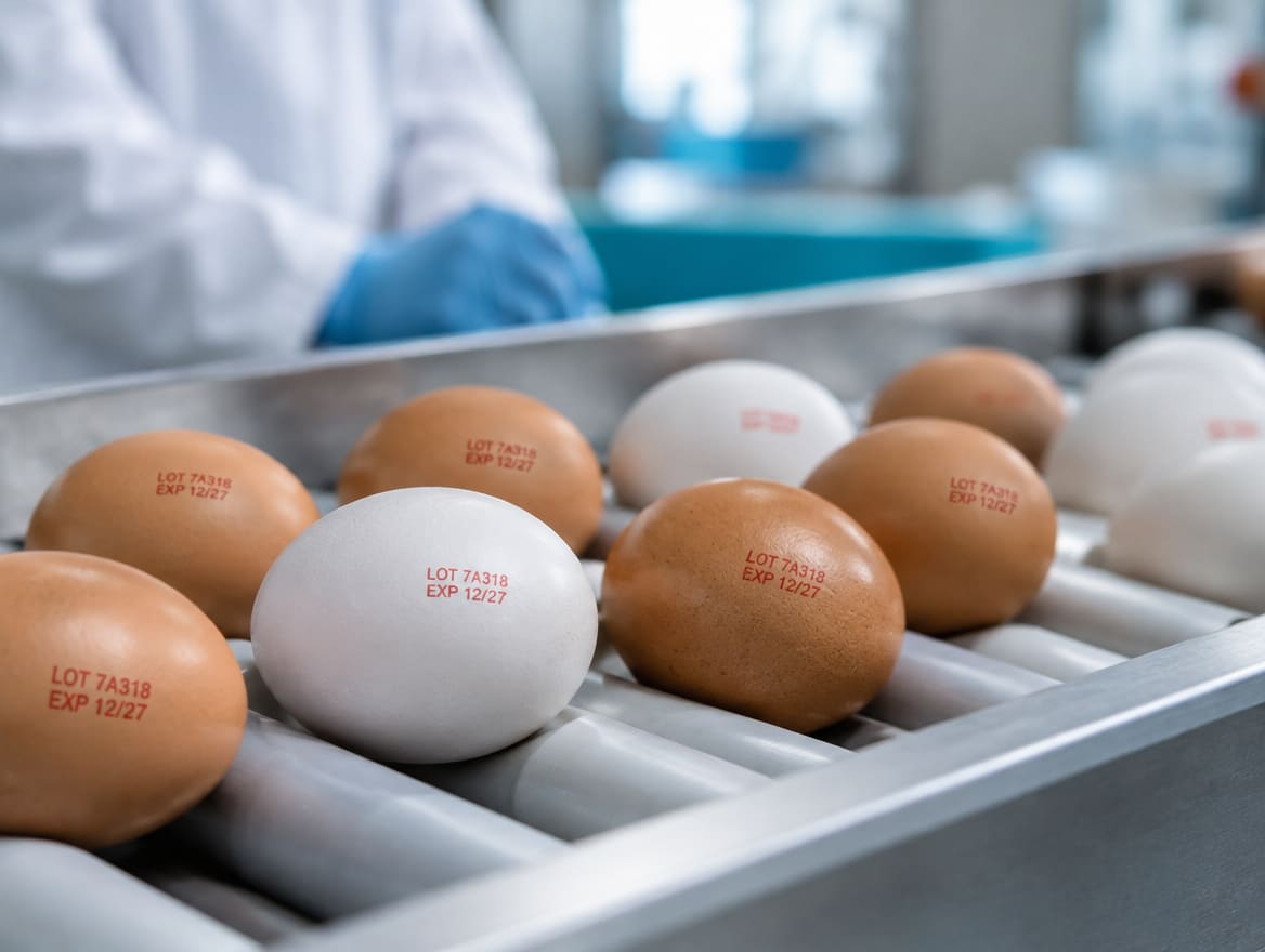 Kód producenta vytlačený na škrupinách vajec na triediacej linke